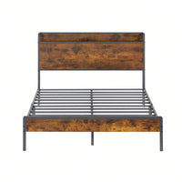 Rustic Brown Full Size Bed Frame with Charging Station USB Ports Sturdy Iron Frame Noise-Free Design Easy Assembly 1000 LB Capacity