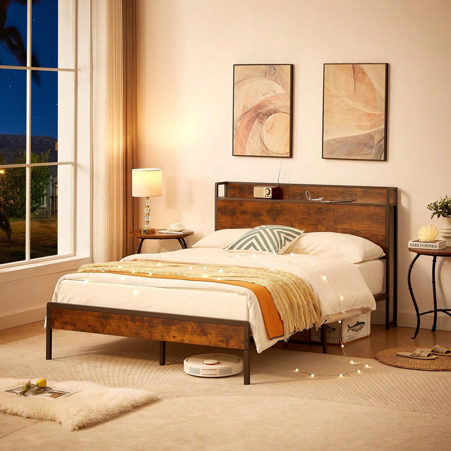 Rustic Brown Full Size Bed Frame with Charging Station USB Ports Sturdy Iron Frame Noise-Free Design Easy Assembly 1000 LB Capacity