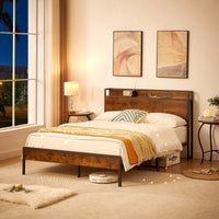 Rustic Brown Full Size Bed Frame with Charging Station USB Ports Sturdy Iron Frame Noise-Free Design Easy Assembly 1000 LB Capacity