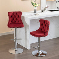 Swivel Velvet Barstools With Backs, Comfortable Tufted Design, Adjustable Seat Height, Chrome Base, Set Of 2, Wine Red/Burgundy