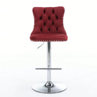 Swivel Velvet Barstools With Backs, Comfortable Tufted Design, Adjustable Seat Height, Chrome Base, Set Of 2, Wine Red/Burgundy