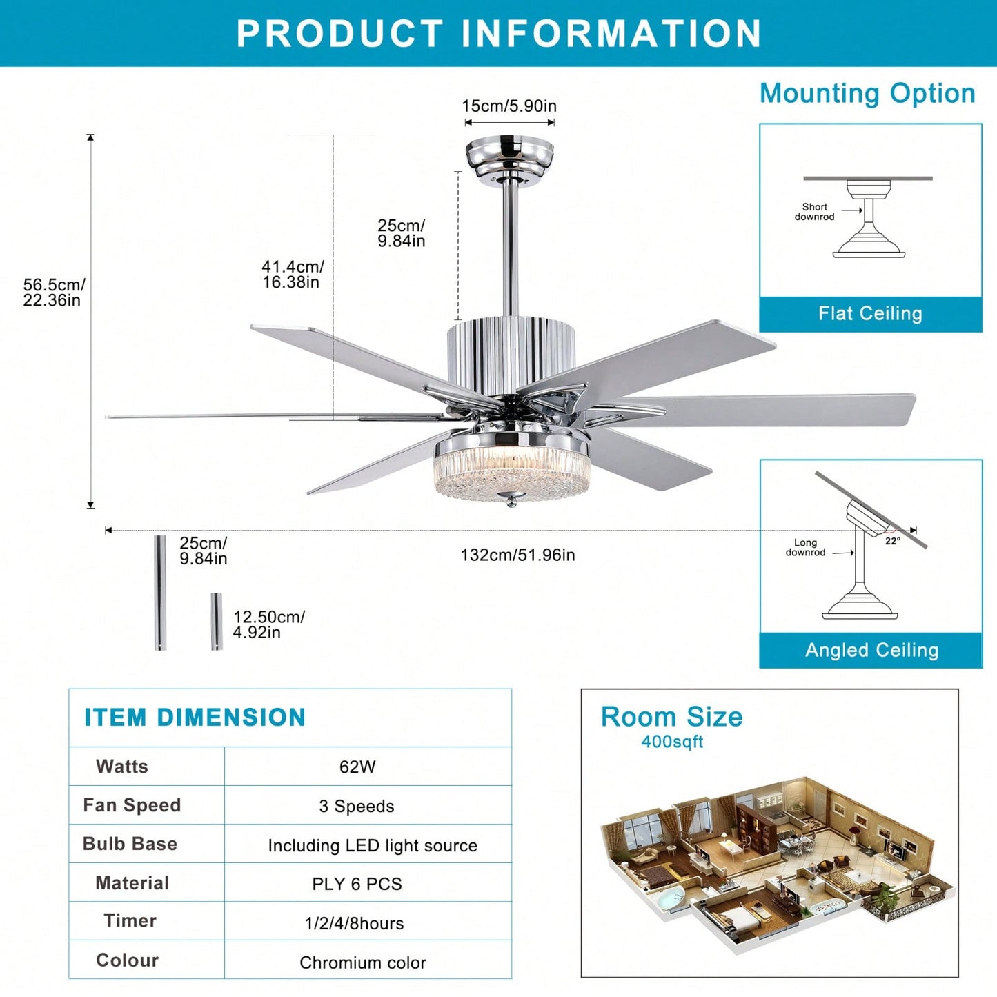 Sleek Modern Ceiling Fan with Remote LED Light 6 Blades Reversible 3 Speed Quiet Motor for Indoor Use Energy Efficient