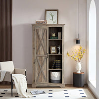 Rustic Barn Door Tall Storage Cabinet with Shelves and Drawers Gray Wash Multi-Purpose Kitchen Organizer 39.37x15.75x74.4