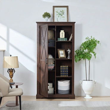 Rustic Barn Door Tall Storage Cabinet with Shelves and Drawers Gray Wash Multi-Purpose Kitchen Organizer 39.37x15.75x74.4