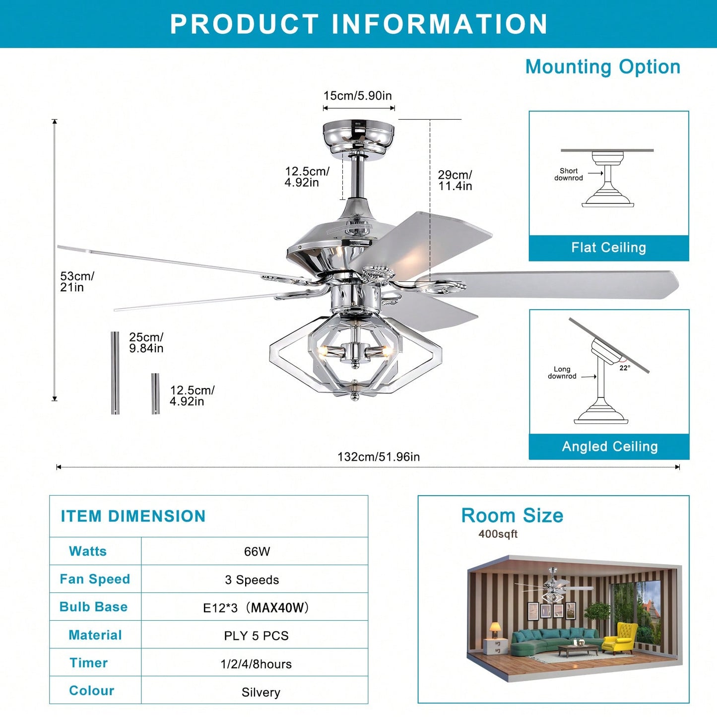 Modern 52" Dual Wood 5-Blade Crystal Ceiling Fan With Remote For Quiet And Powerful Airflow