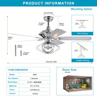 Modern 52" Dual Wood 5-Blade Crystal Ceiling Fan With Remote For Quiet And Powerful Airflow