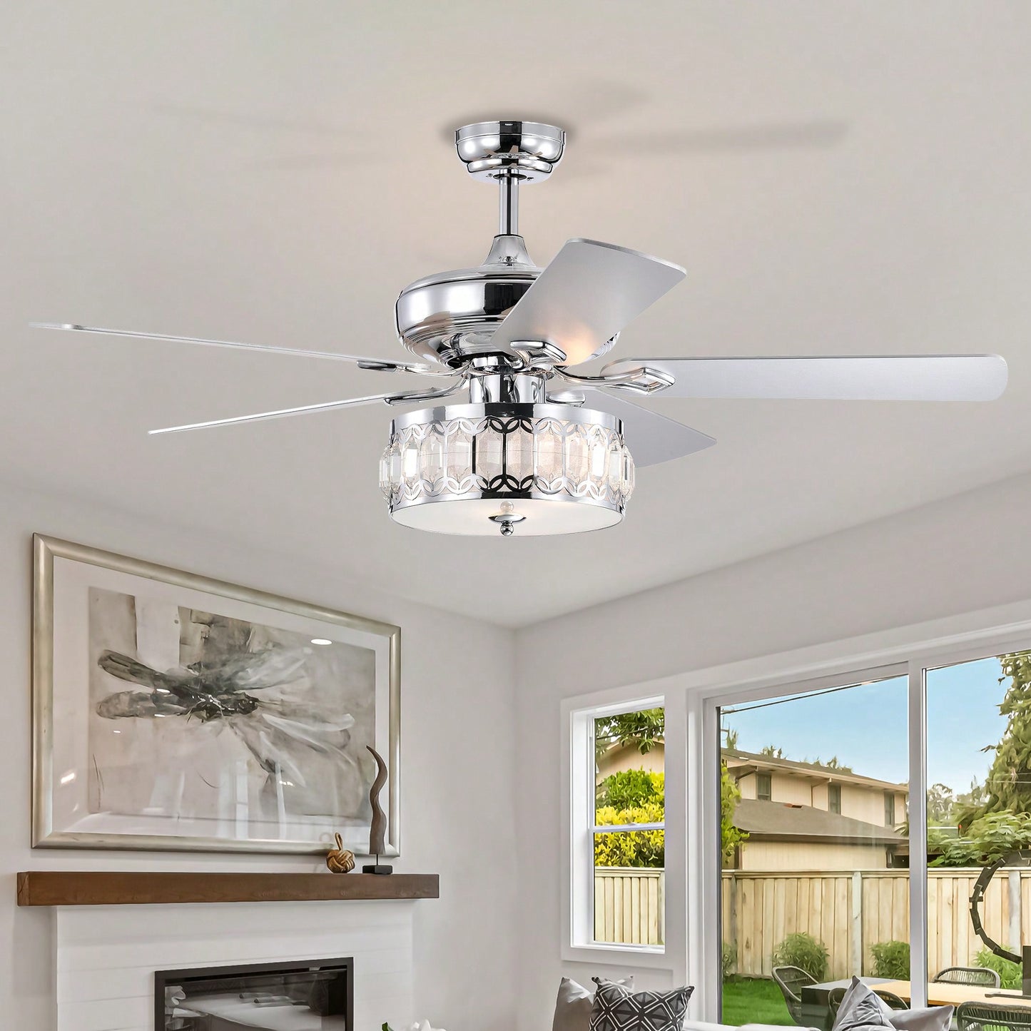 52 Inch Chrome Ceiling Fan with Remote 3 Lights Rustic Industrial Design for Home Kitchen Living Room 3 Speed Quiet Motor Reversible Blades