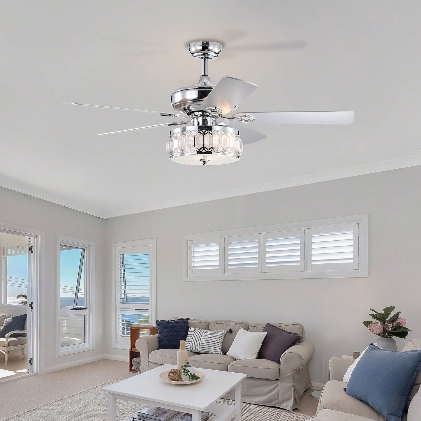 52 Inch Chrome Ceiling Fan with Remote 3 Lights Rustic Industrial Design for Home Kitchen Living Room 3 Speed Quiet Motor Reversible Blades