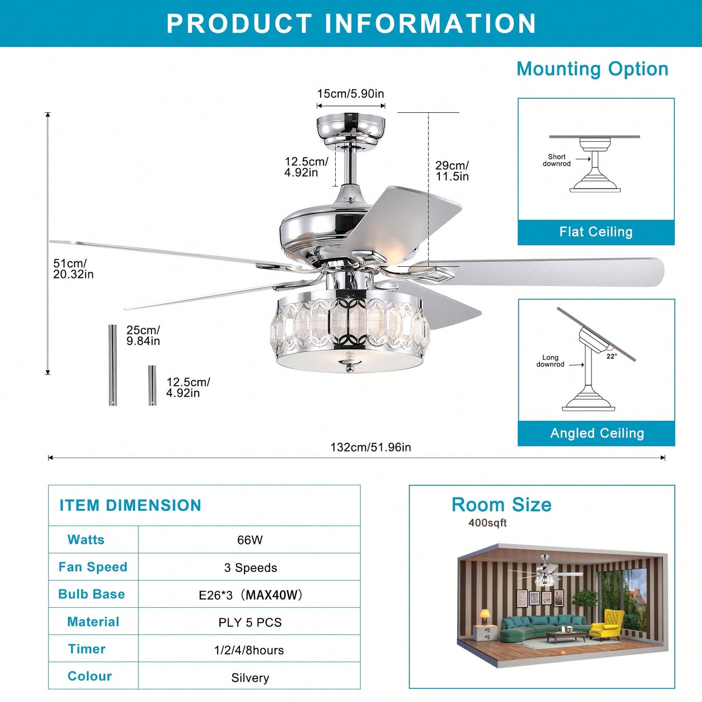 52 Inch Chrome Ceiling Fan with Remote 3 Lights Rustic Industrial Design for Home Kitchen Living Room 3 Speed Quiet Motor Reversible Blades