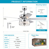 52 Inch Chrome Ceiling Fan with Remote 3 Lights Rustic Industrial Design for Home Kitchen Living Room 3 Speed Quiet Motor Reversible Blades