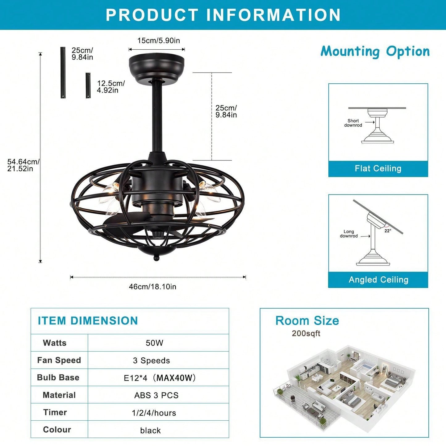 Modern 18.1 Inch Caged Ceiling Fan with Remote Timer 3 Speed Reversible Quiet Design for Farmhouse Bedroom Living Room