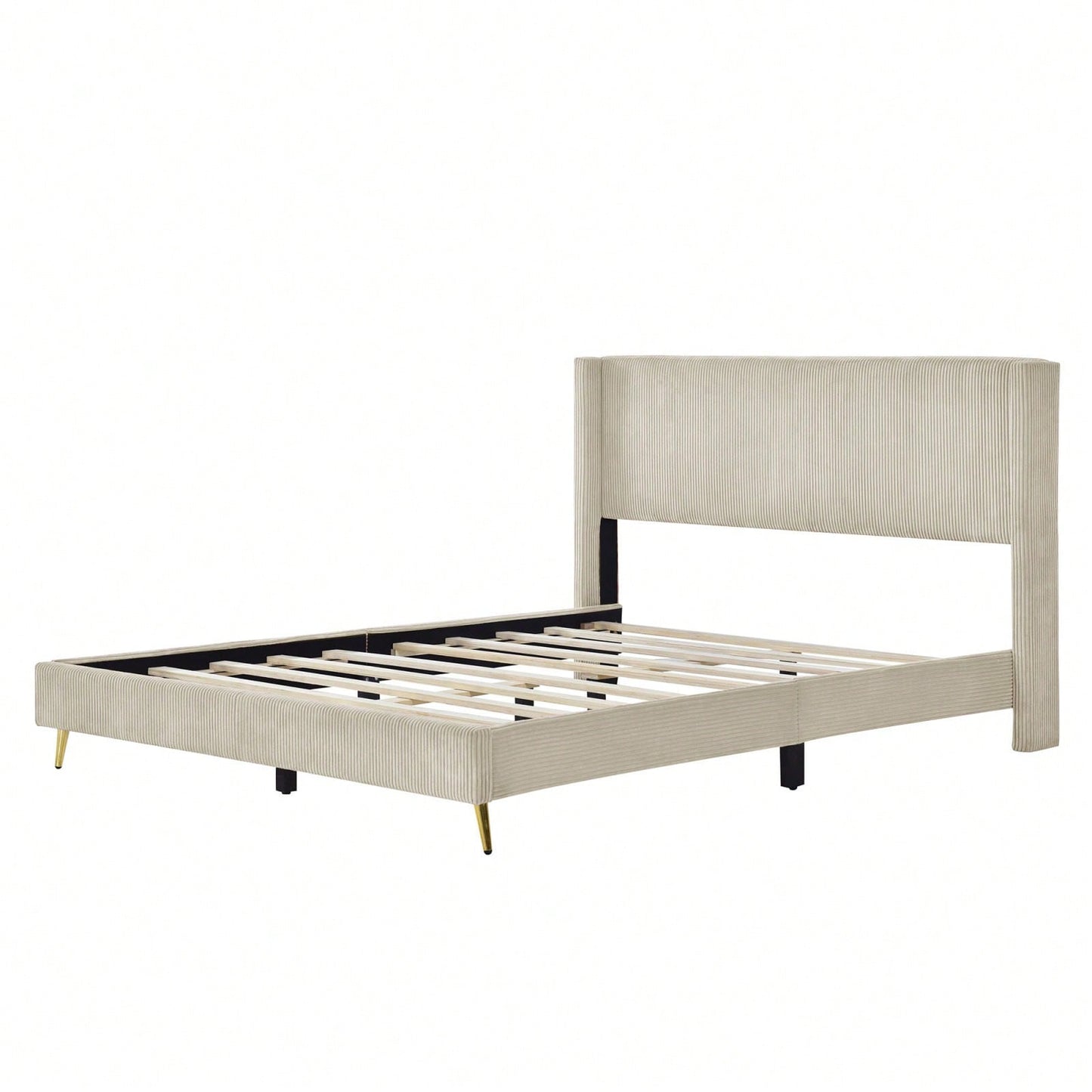 Queen Size Corduroy Platform Bed With Metal Legs,Upholstered Headboard, Sturdy Support, Easy Assembly - Modern And Timeless Design