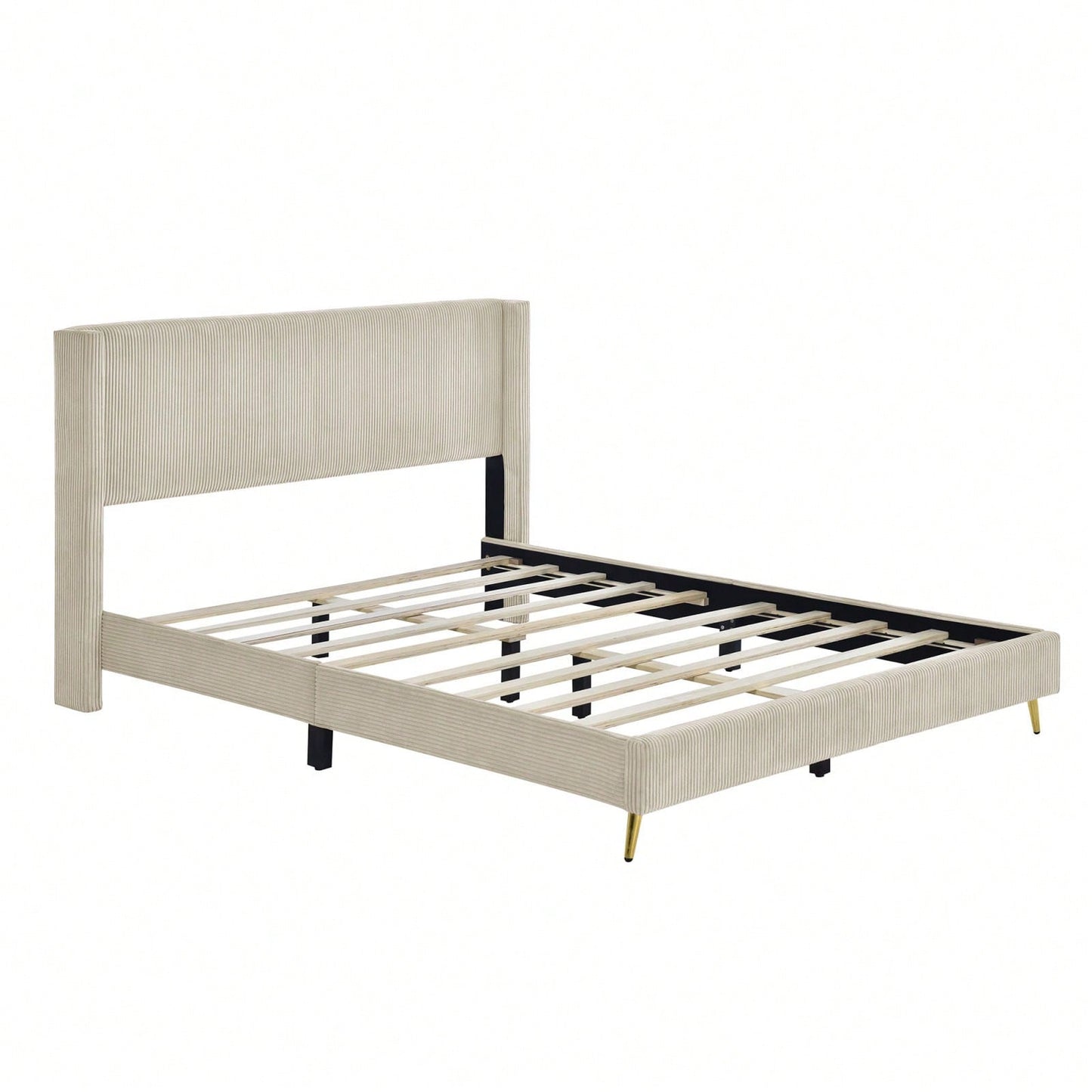 Queen Size Corduroy Platform Bed With Metal Legs,Upholstered Headboard, Sturdy Support, Easy Assembly - Modern And Timeless Design