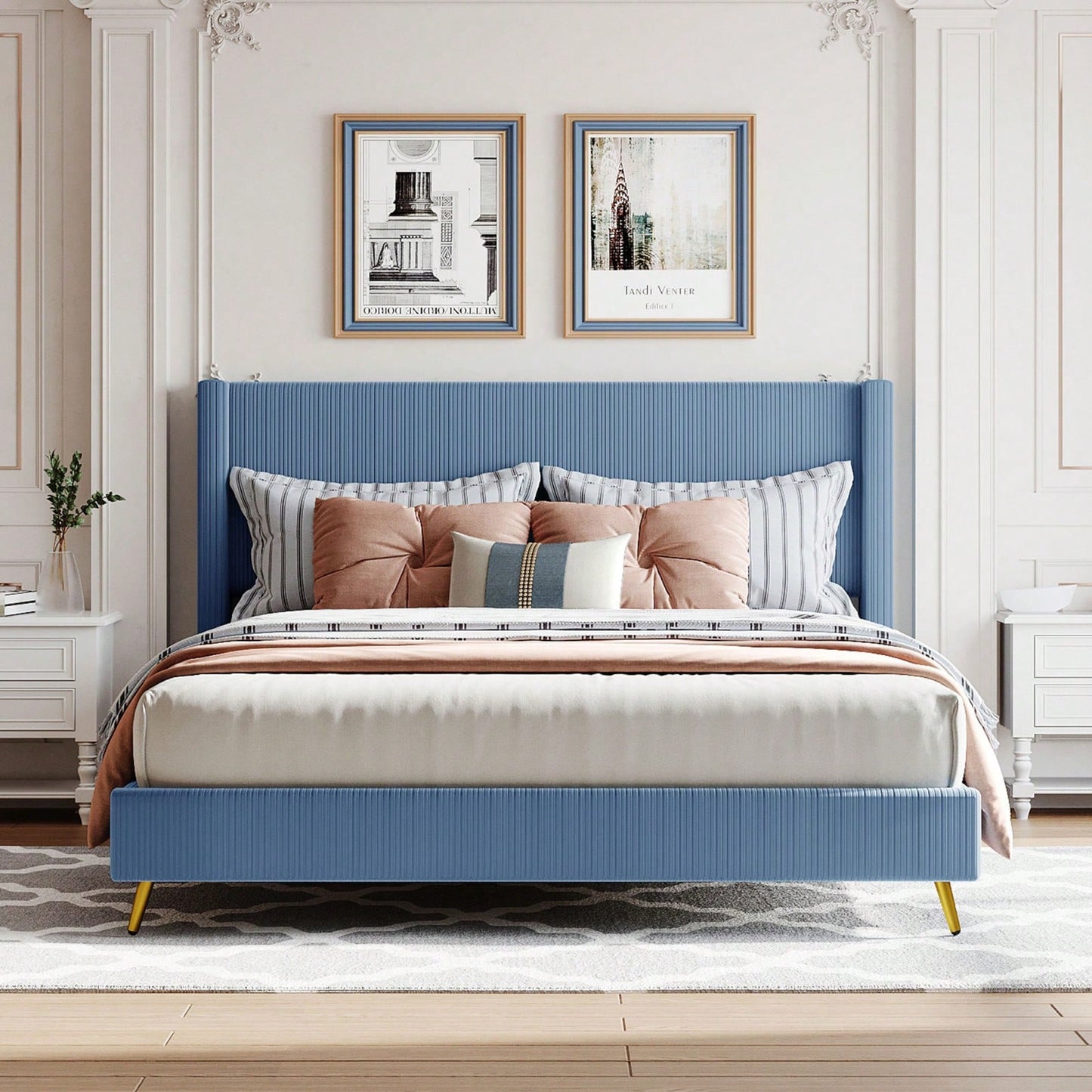 Queen Size Corduroy Platform Bed With Metal Legs,Upholstered Headboard, Sturdy Support, Easy Assembly - Modern And Timeless Design