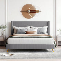 Queen Size Corduroy Platform Bed With Metal Legs,Upholstered Headboard, Sturdy Support, Easy Assembly - Modern And Timeless Design