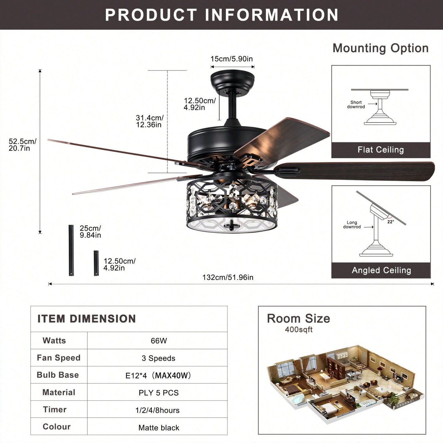 Elegant Crystal Ceiling Fan with Remote Control Reversible Blades Quiet Motor 3 Speed Settings for Living Room Bedroom Chrome Finish