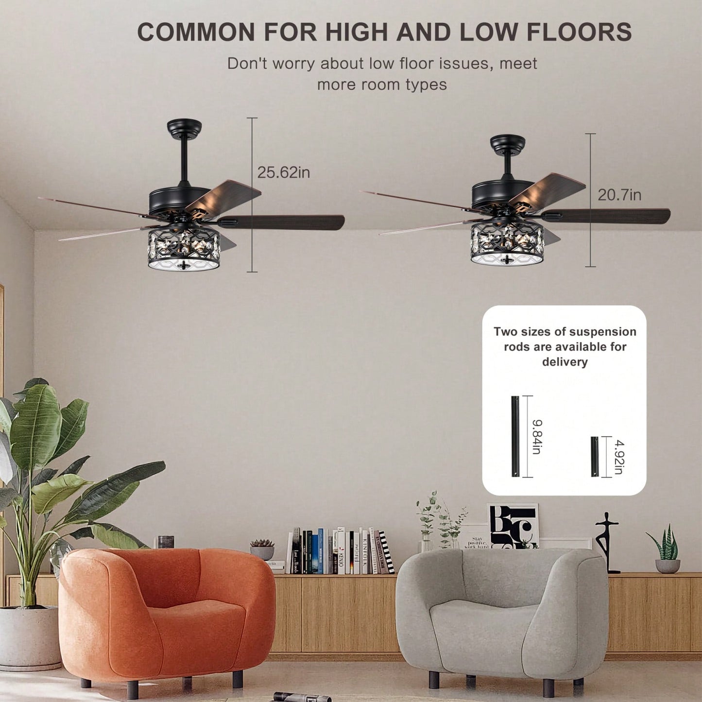 Elegant Crystal Ceiling Fan with Remote Control Reversible Blades Quiet Motor 3 Speed Settings for Living Room Bedroom Chrome Finish