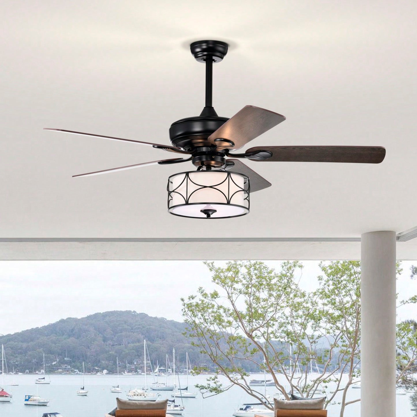 Matte Black Modern Ceiling Fan with Reversible Blades and Remote Control for Living Room Bedroom Fandelier