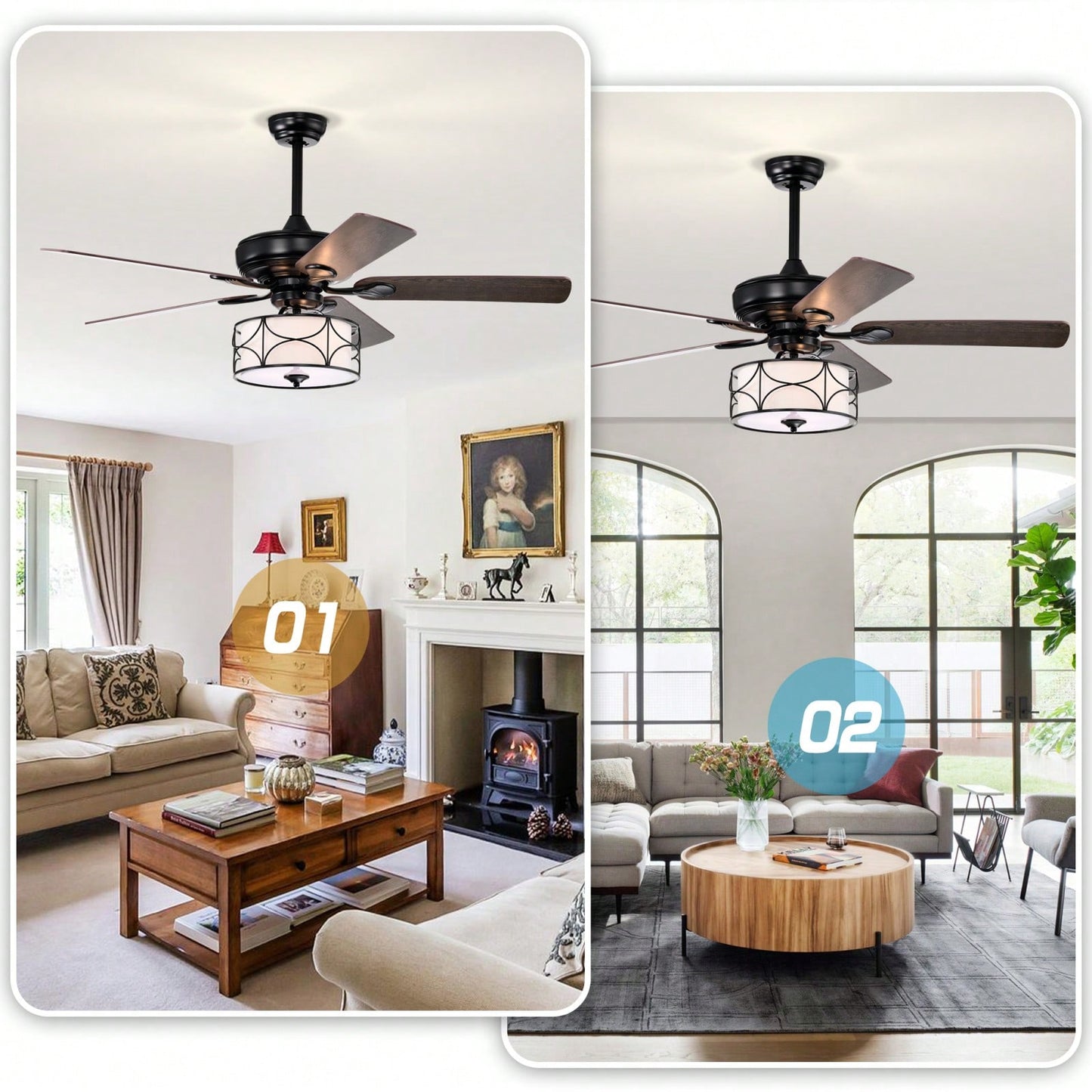 Matte Black Modern Ceiling Fan with Reversible Blades and Remote Control for Living Room Bedroom Fandelier