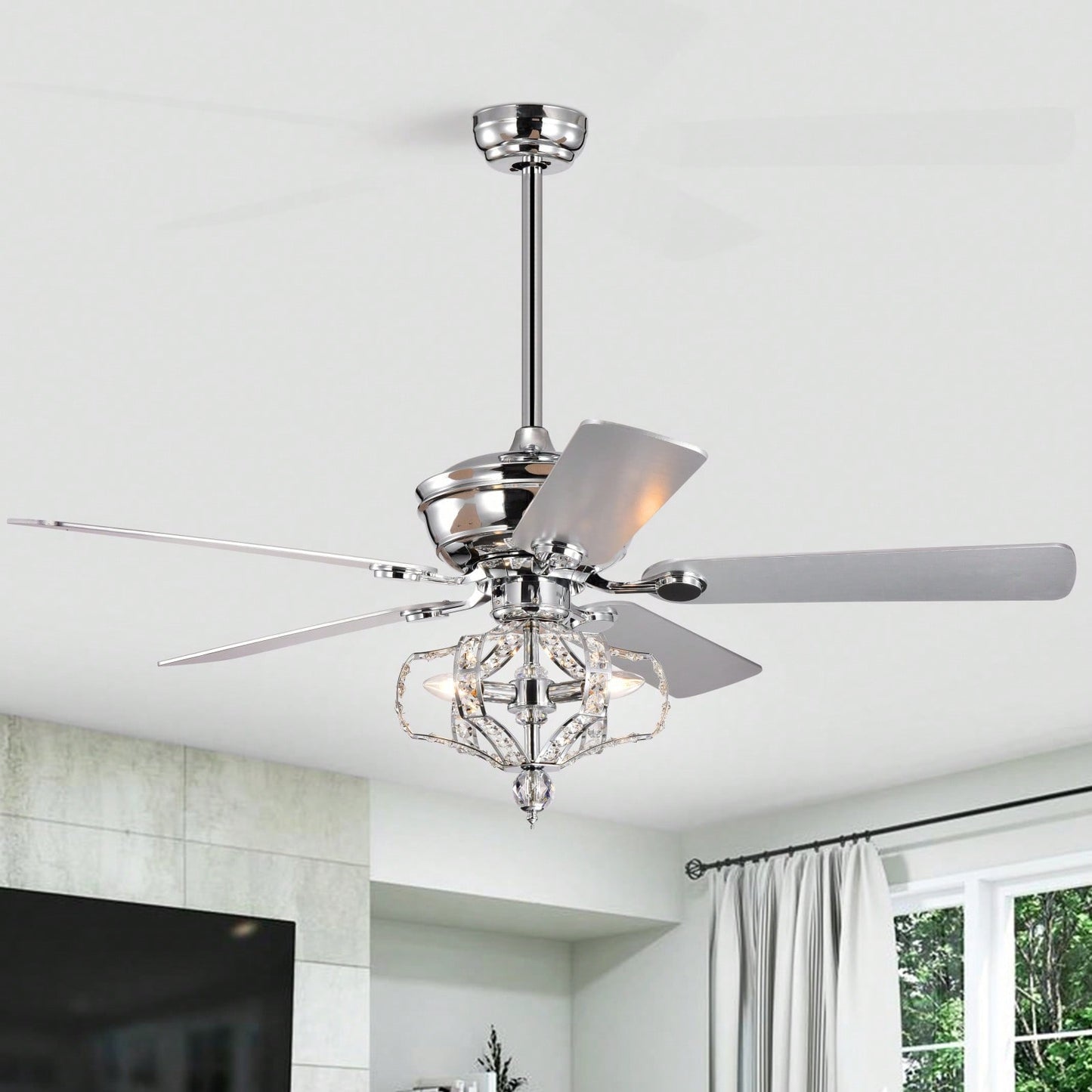 52 Inch Crystal Ceiling Fan with Lights Remote Control Reversible Blades Quiet Motor for Bedroom Living Room Chrome Fandelier