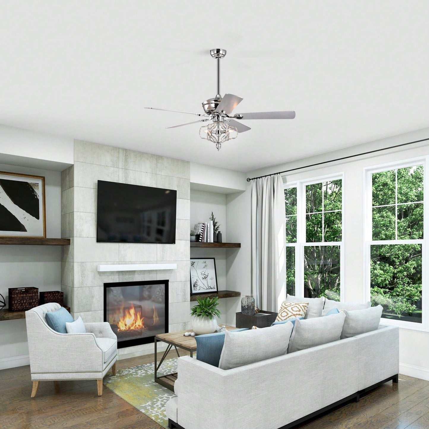 52 Inch Crystal Ceiling Fan with Lights Remote Control Reversible Blades Quiet Motor for Bedroom Living Room Chrome Fandelier