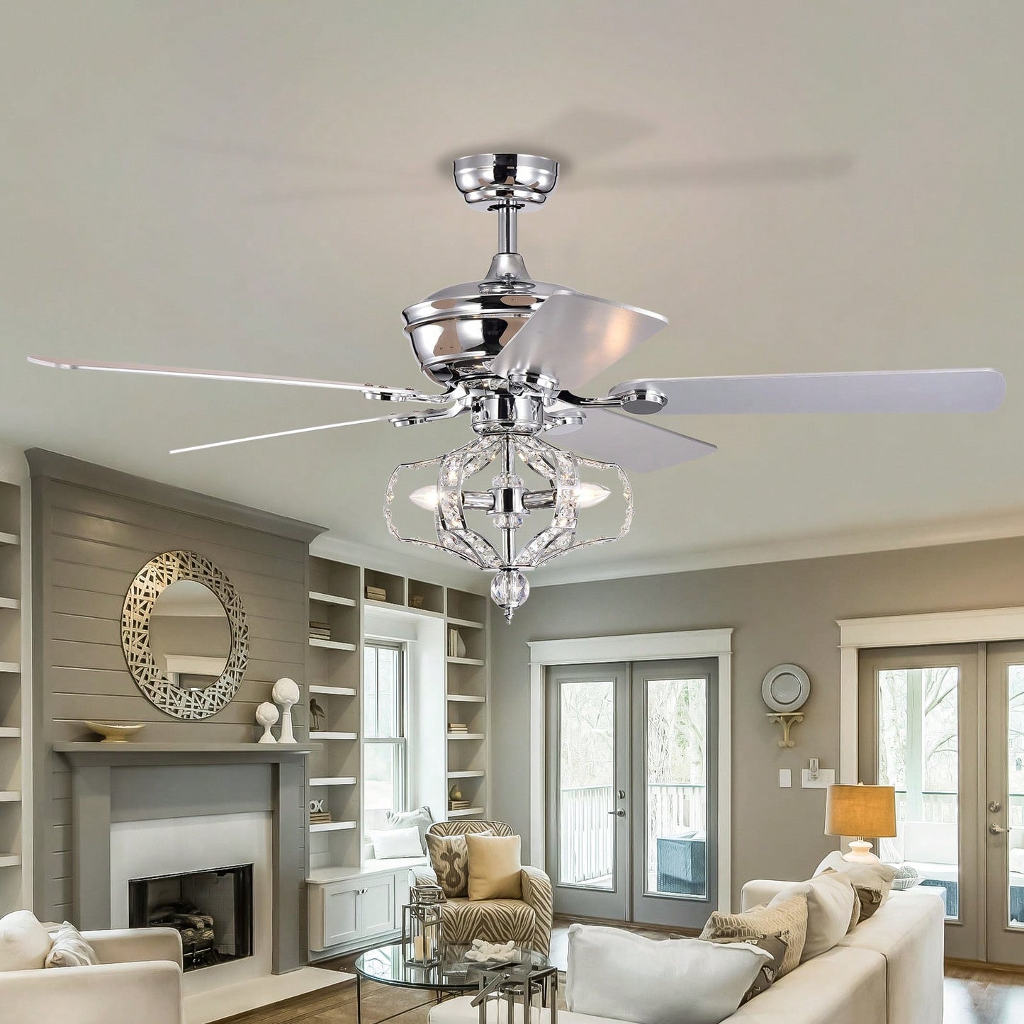 52 Inch Crystal Ceiling Fan with Lights Remote Control Reversible Blades Quiet Motor for Bedroom Living Room Chrome Fandelier