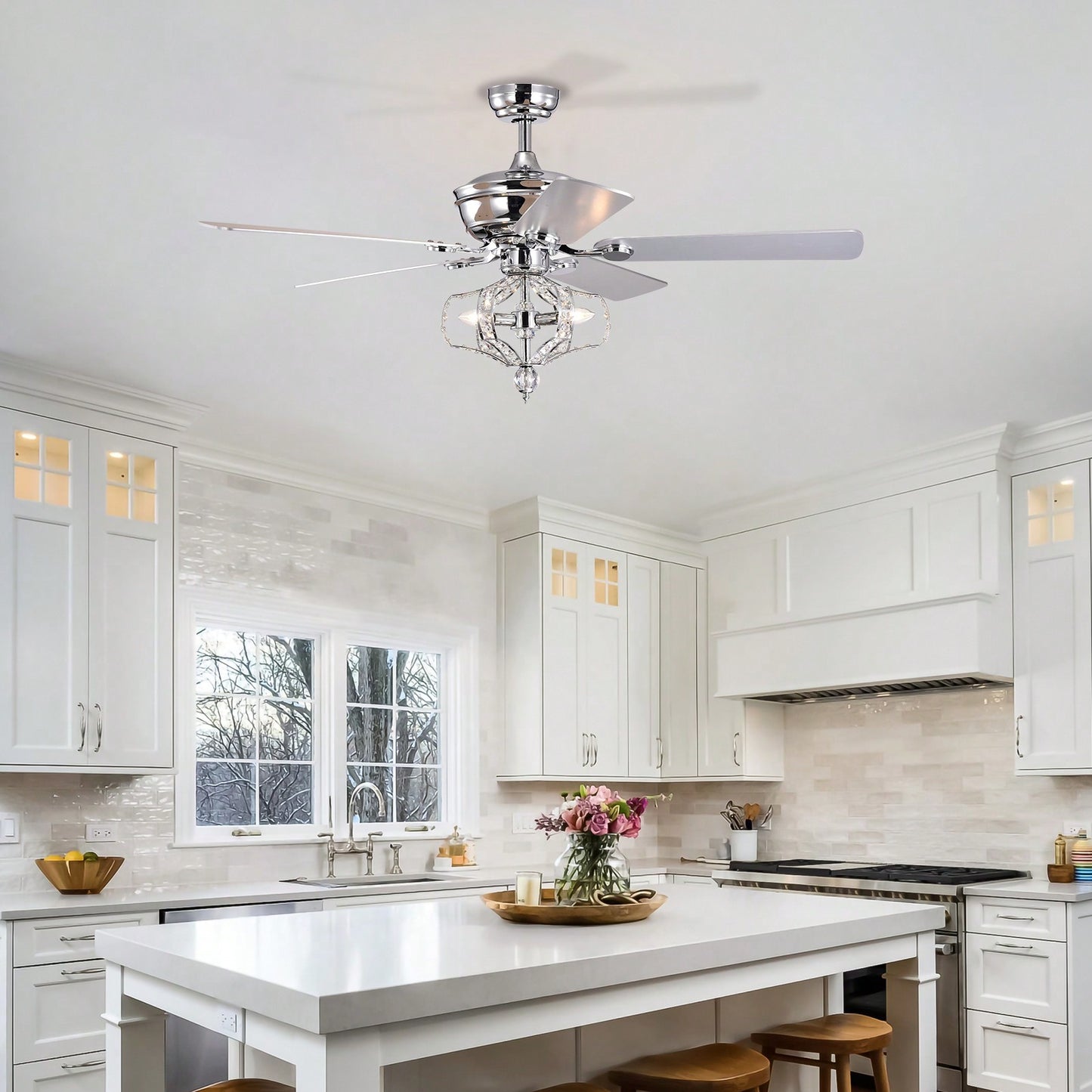 52 Inch Crystal Ceiling Fan with Lights Remote Control Reversible Blades Quiet Motor for Bedroom Living Room Chrome Fandelier