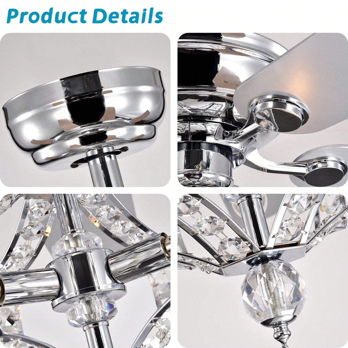 52 Inch Crystal Ceiling Fan with Lights Remote Control Reversible Blades Quiet Motor for Bedroom Living Room Chrome Fandelier