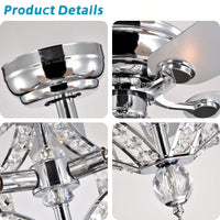 52 Inch Crystal Ceiling Fan with Lights Remote Control Reversible Blades Quiet Motor for Bedroom Living Room Chrome Fandelier
