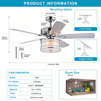 52 Inch Chrome Drum Shade LED Ceiling Fan with Remote 3 Speed Quiet Motor Reversible Blades for Home Kitchen Living Room