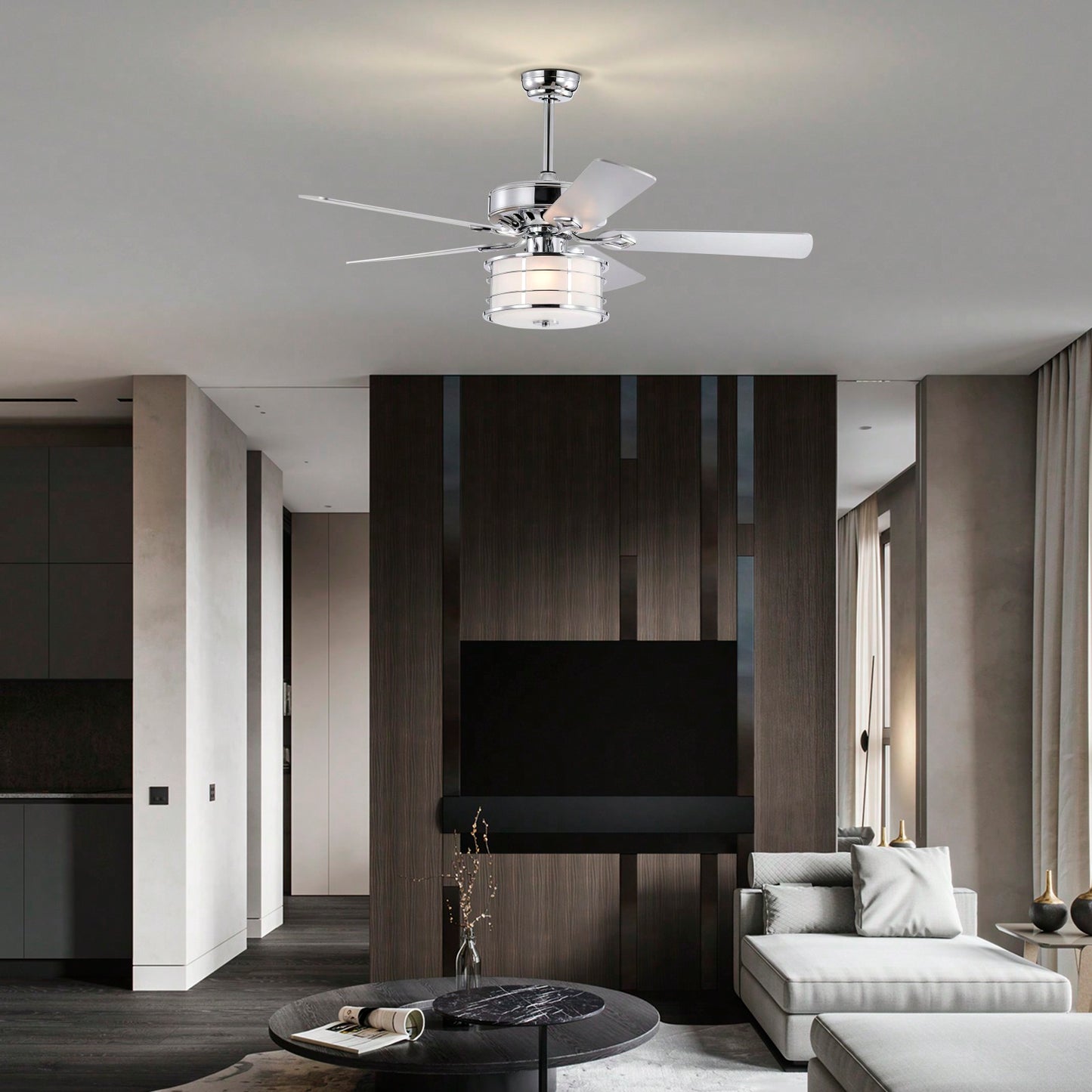 52 Inch Chrome Drum Shade LED Ceiling Fan with Remote 3 Speed Quiet Motor Reversible Blades for Home Kitchen Living Room