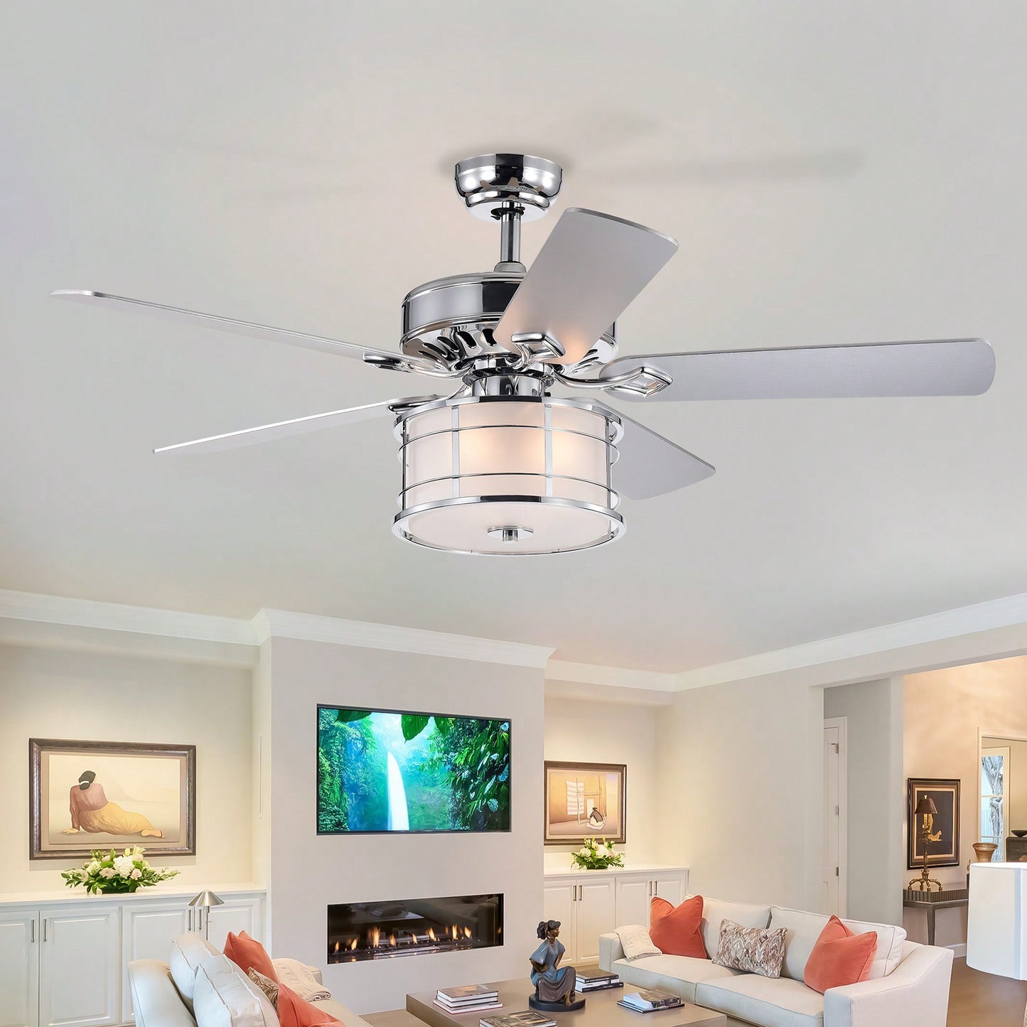 52 Inch Chrome Drum Shade LED Ceiling Fan with Remote 3 Speed Quiet Motor Reversible Blades for Home Kitchen Living Room