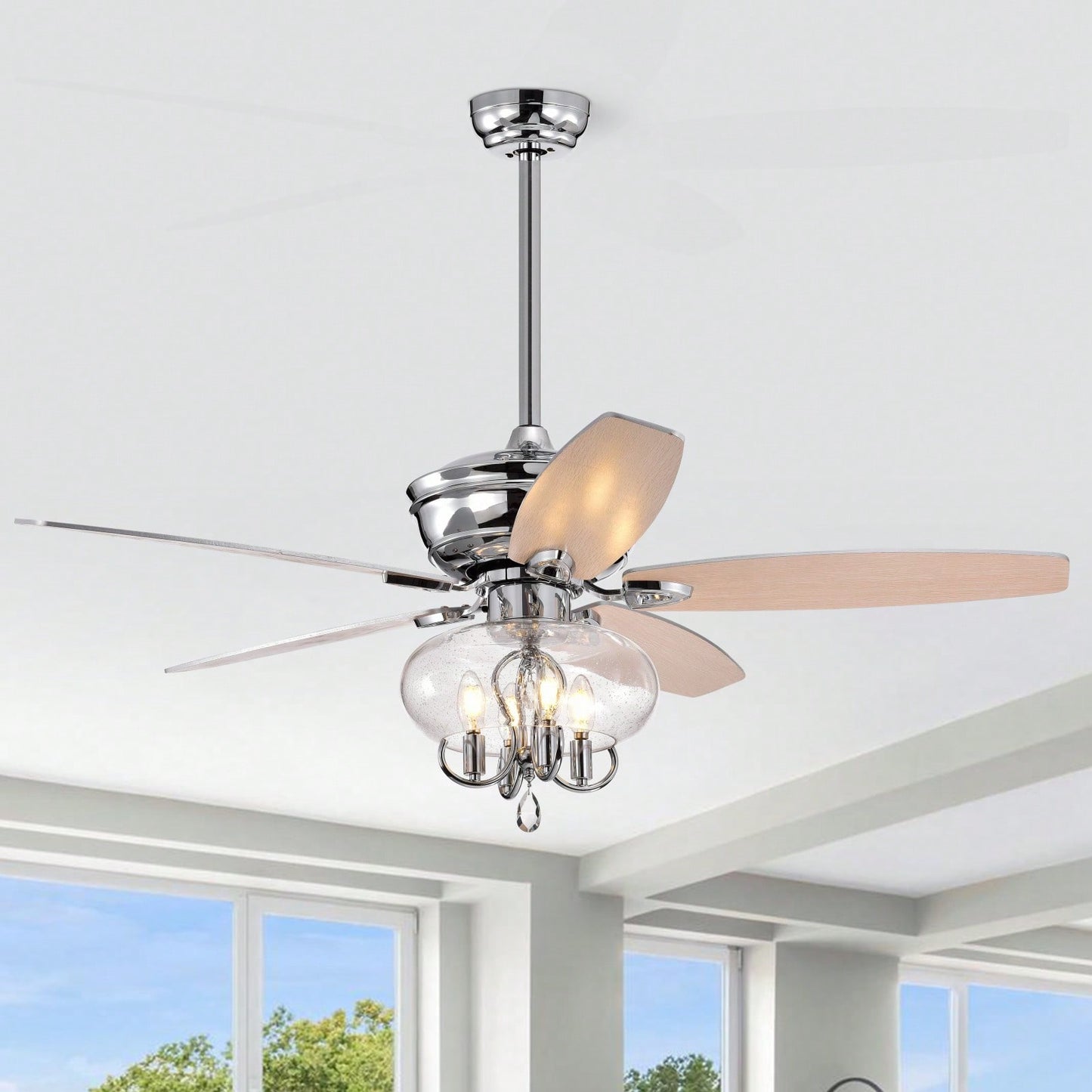 Crystal Chandelier Ceiling Fan with Remote Control Reversible Motor Quiet Operation Dual-Finish Blades for Home Living Room