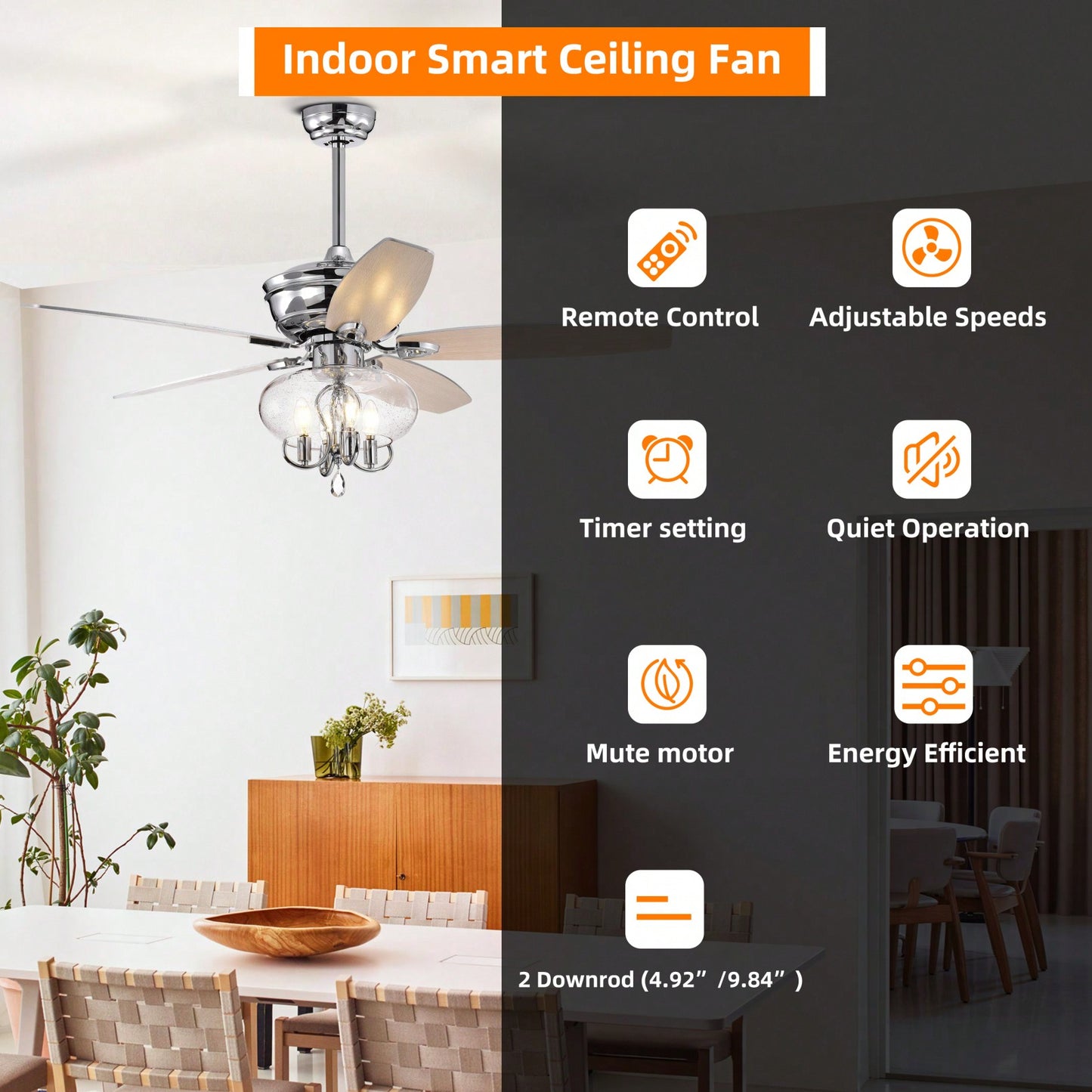 Crystal Chandelier Ceiling Fan with Remote Control Reversible Motor Quiet Operation Dual-Finish Blades for Home Living Room