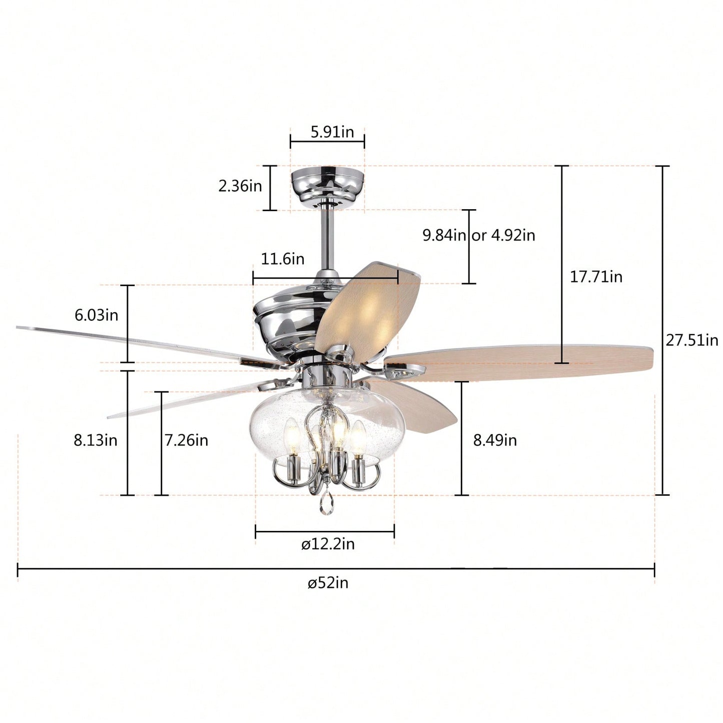 Crystal Chandelier Ceiling Fan with Remote Control Reversible Motor Quiet Operation Dual-Finish Blades for Home Living Room