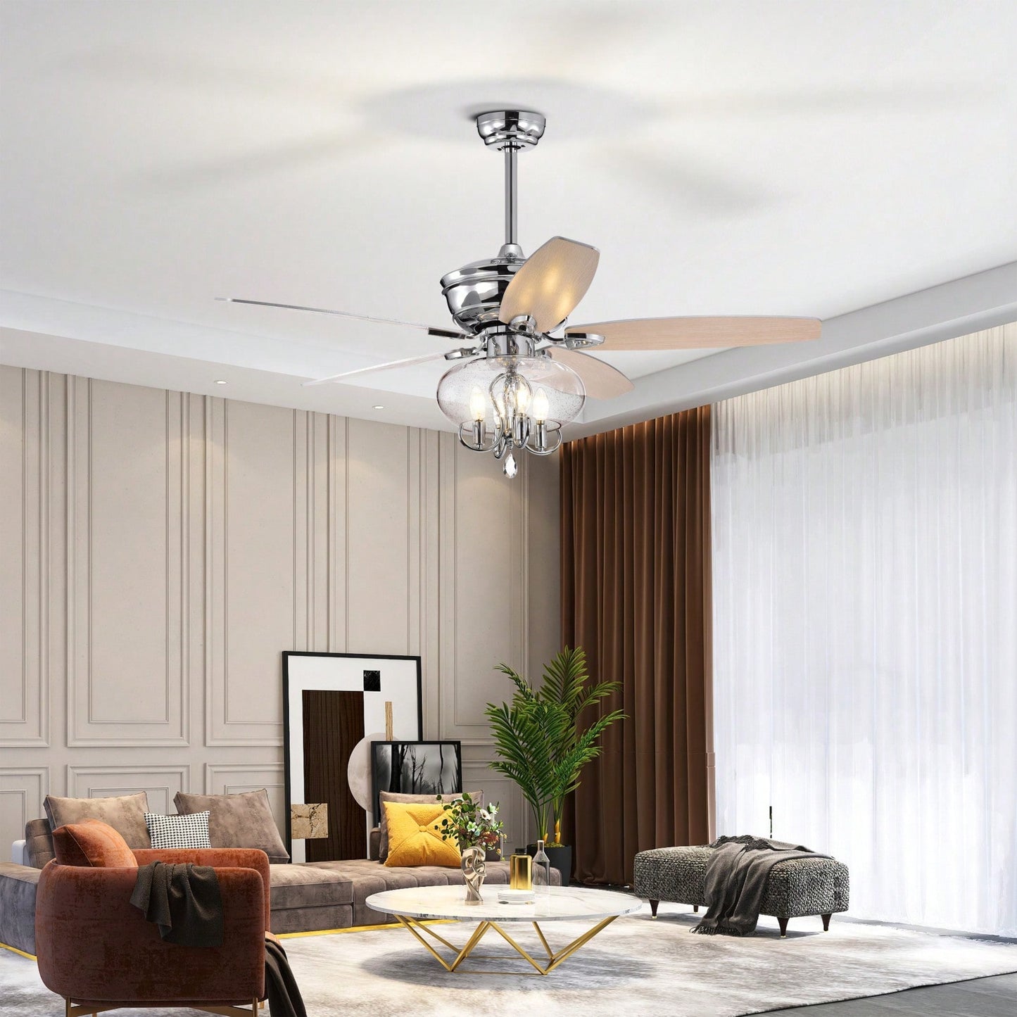 Crystal Chandelier Ceiling Fan with Remote Control Reversible Motor Quiet Operation Dual-Finish Blades for Home Living Room