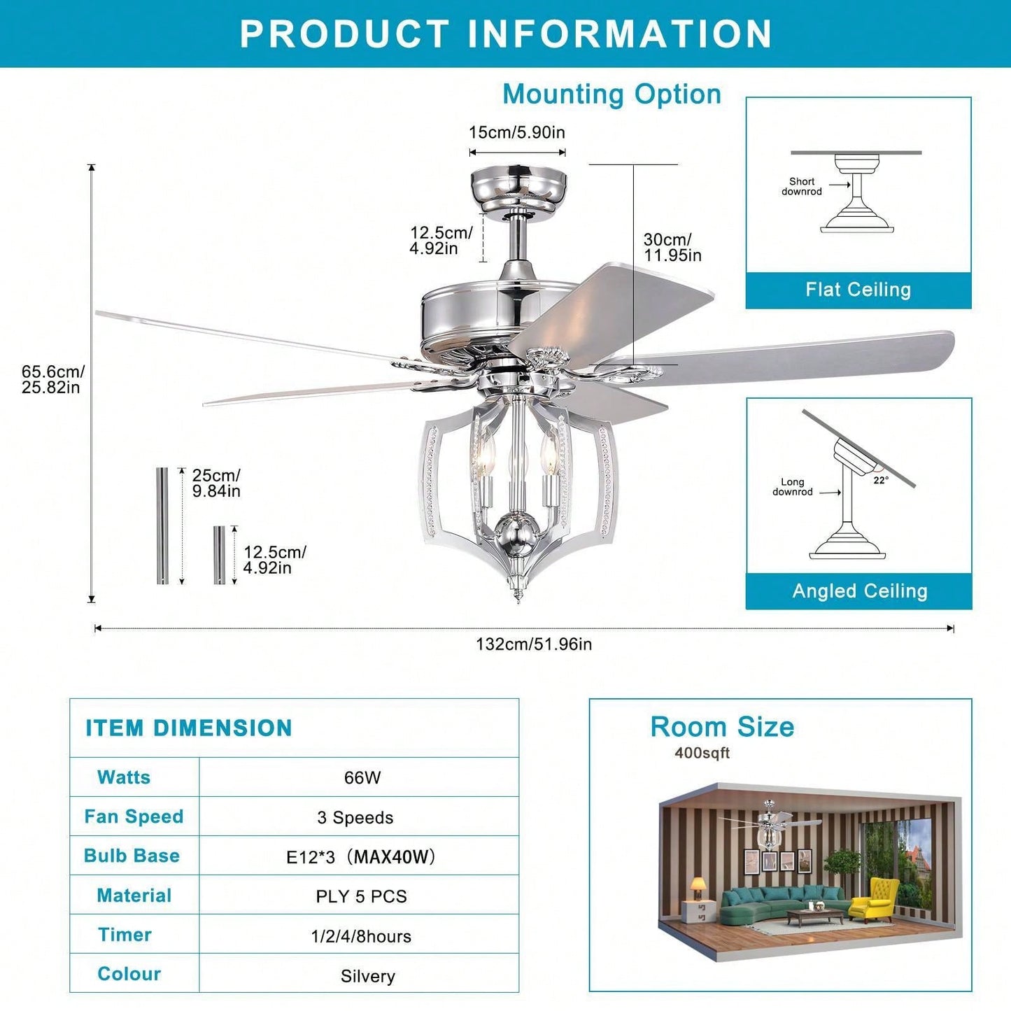 52 Inch Reversible Motor Bedroom Ceiling Fan With Lights, Remote Control, Timer, Crystal Chandelier, Polished Chrome Finish