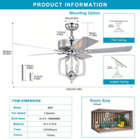 52 Inch Reversible Motor Bedroom Ceiling Fan With Lights, Remote Control, Timer, Crystal Chandelier, Polished Chrome Finish