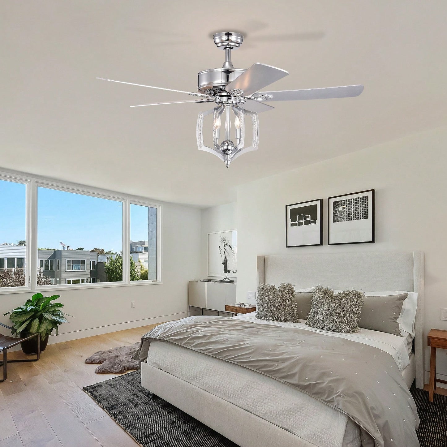 52 Inch Reversible Motor Bedroom Ceiling Fan With Lights, Remote Control, Timer, Crystal Chandelier, Polished Chrome Finish