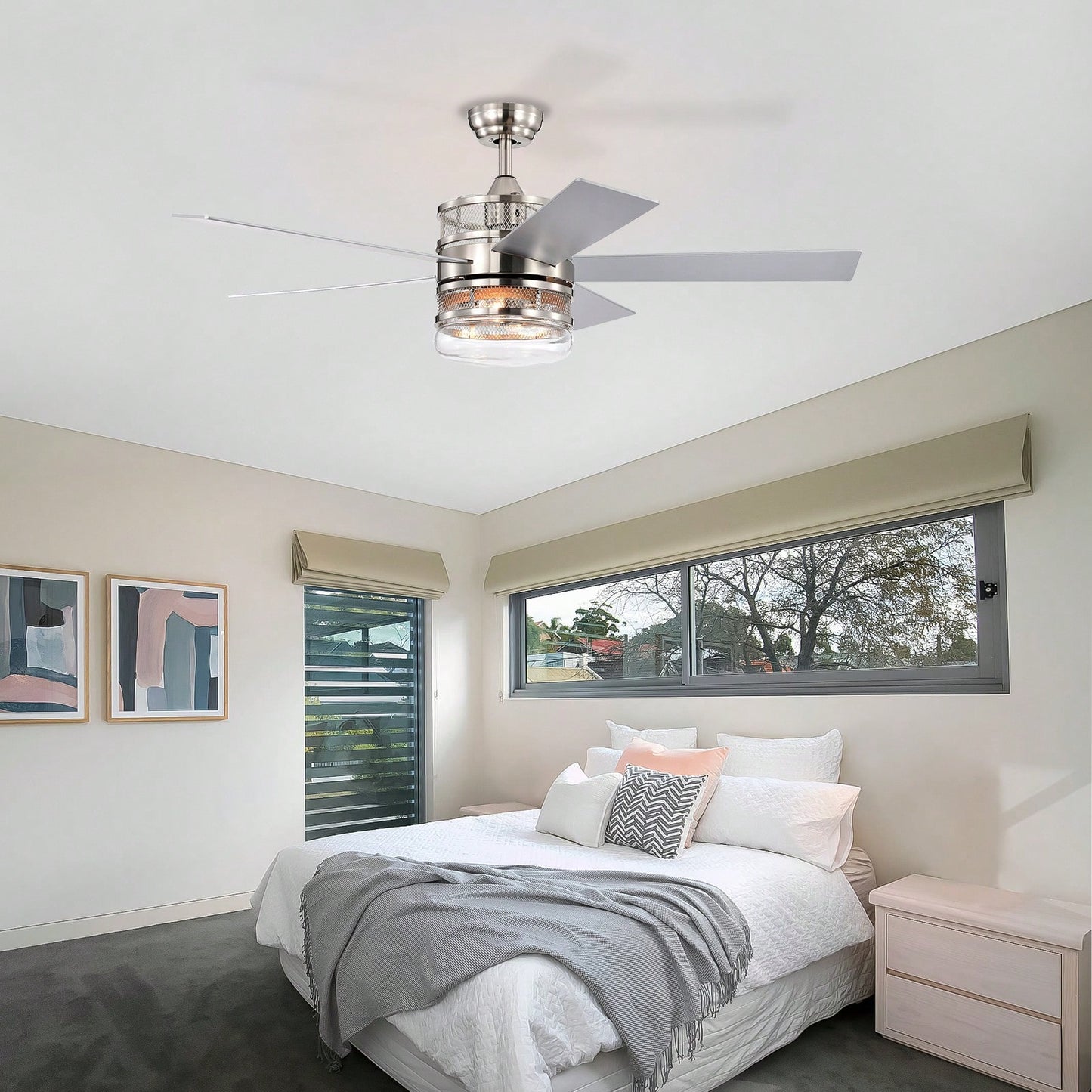 Matte Black 52-Inch Ceiling Fan with 5 Blades and Crystal Shade Remote Optional Quiet Motor Dual Color Reversible Blades