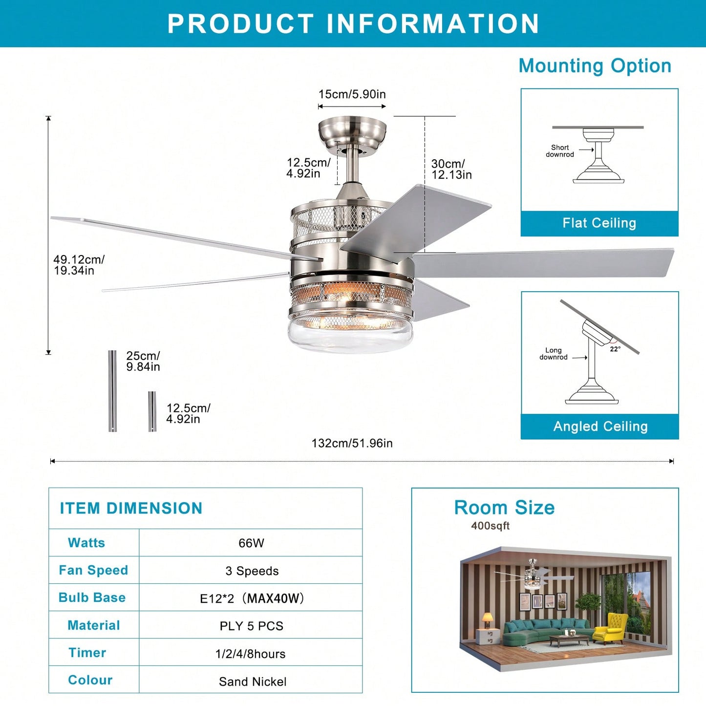 Matte Black 52-Inch Ceiling Fan with 5 Blades and Crystal Shade Remote Optional Quiet Motor Dual Color Reversible Blades