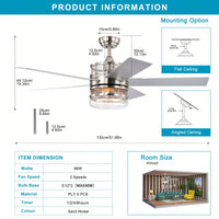 Matte Black 52-Inch Ceiling Fan with 5 Blades and Crystal Shade Remote Optional Quiet Motor Dual Color Reversible Blades