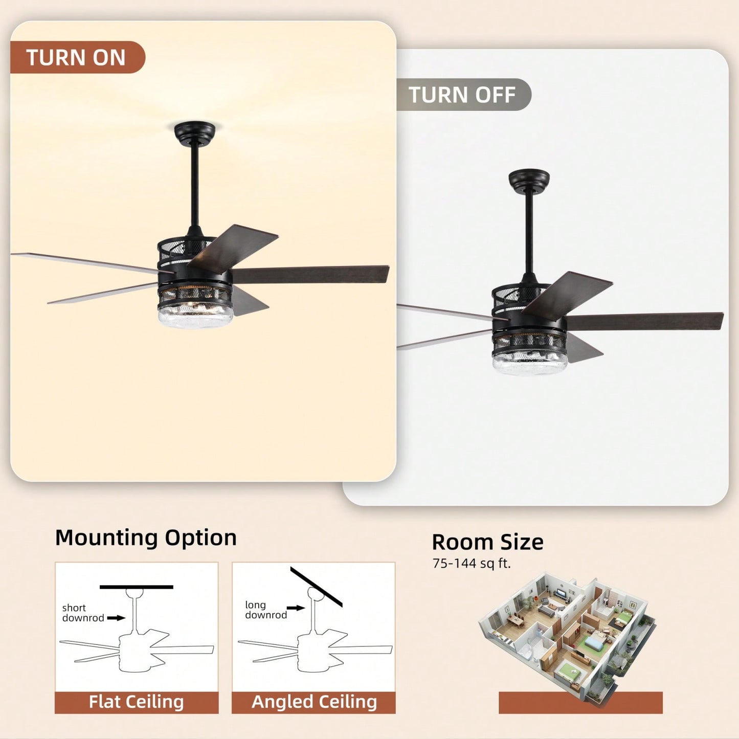 Matte Black 52-Inch Ceiling Fan with 5 Blades and Crystal Shade Remote Optional Quiet Motor Dual Color Reversible Blades