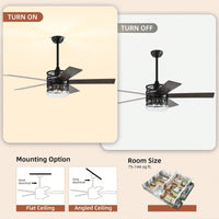 Matte Black 52-Inch Ceiling Fan with 5 Blades and Crystal Shade Remote Optional Quiet Motor Dual Color Reversible Blades