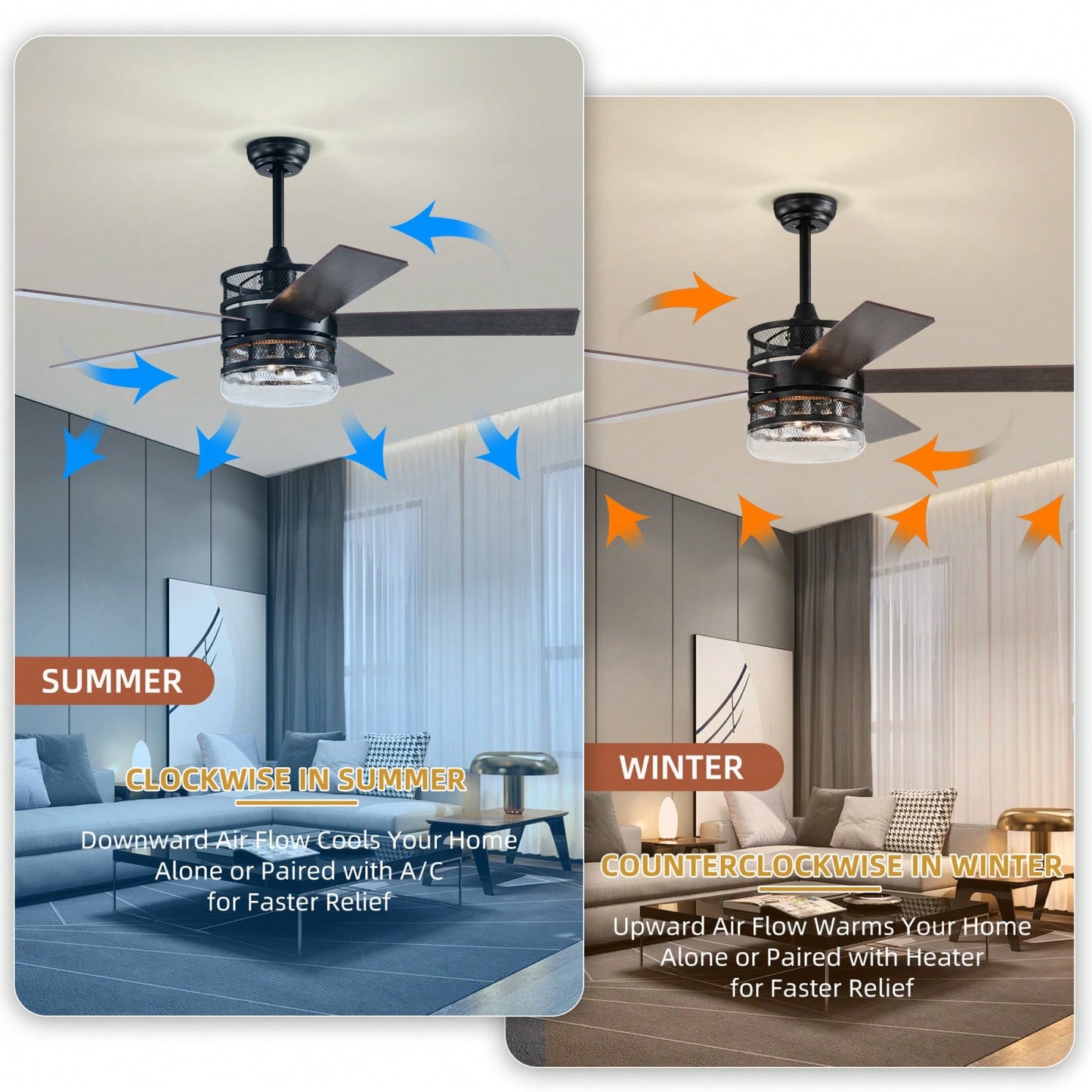 Matte Black 52-Inch Ceiling Fan with 5 Blades and Crystal Shade Remote Optional Quiet Motor Dual Color Reversible Blades