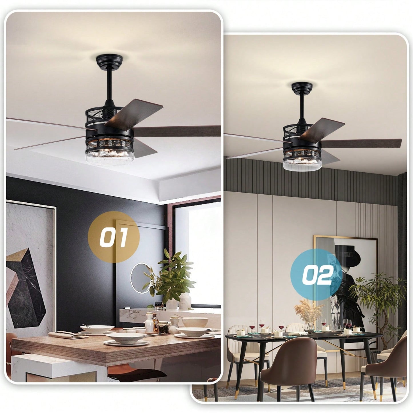 Matte Black 52-Inch Ceiling Fan with 5 Blades and Crystal Shade Remote Optional Quiet Motor Dual Color Reversible Blades