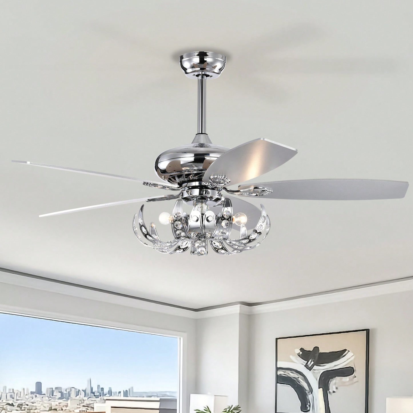 Elegant Crystal Ceiling Fan with Reversible Blades Remote Control 3-Speed Adjustable Light Kit for Living Room Bedroom Kitchen