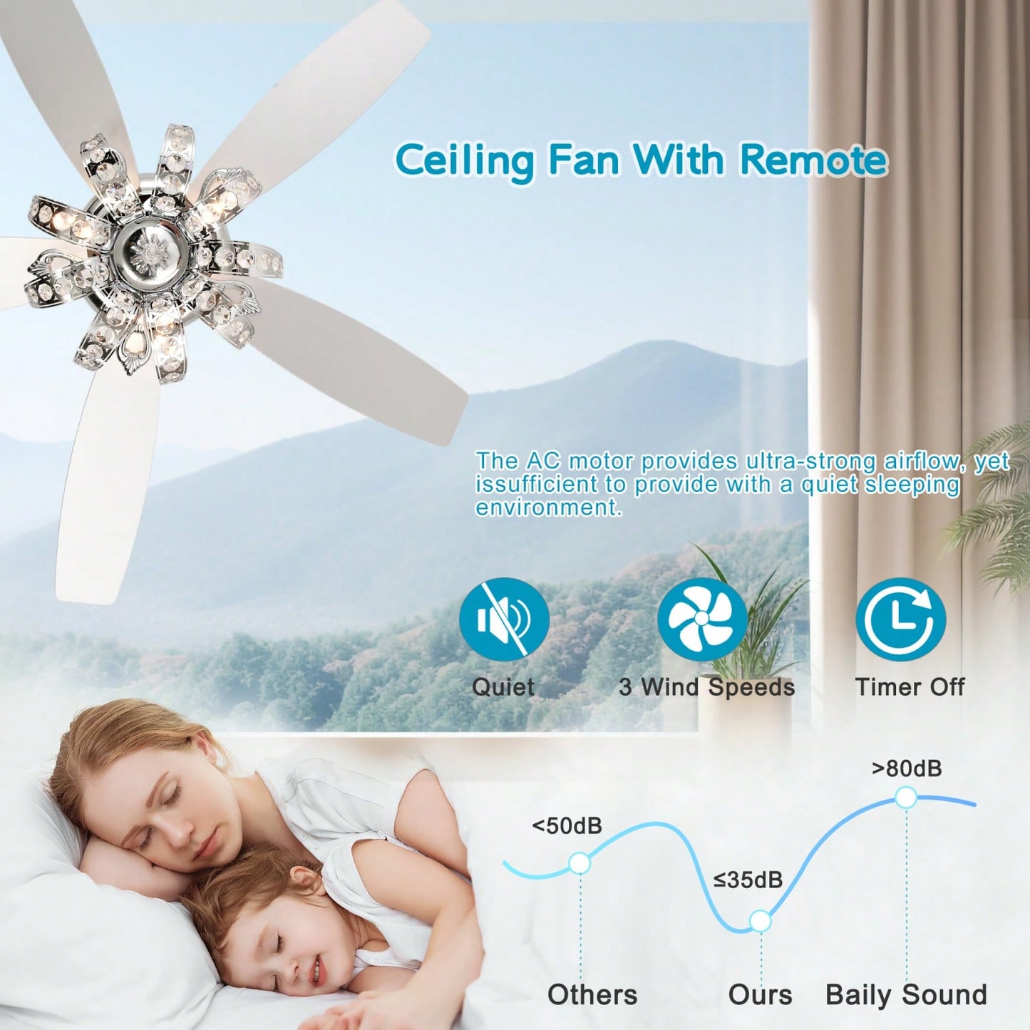 Elegant Crystal Ceiling Fan with Reversible Blades Remote Control 3-Speed Adjustable Light Kit for Living Room Bedroom Kitchen