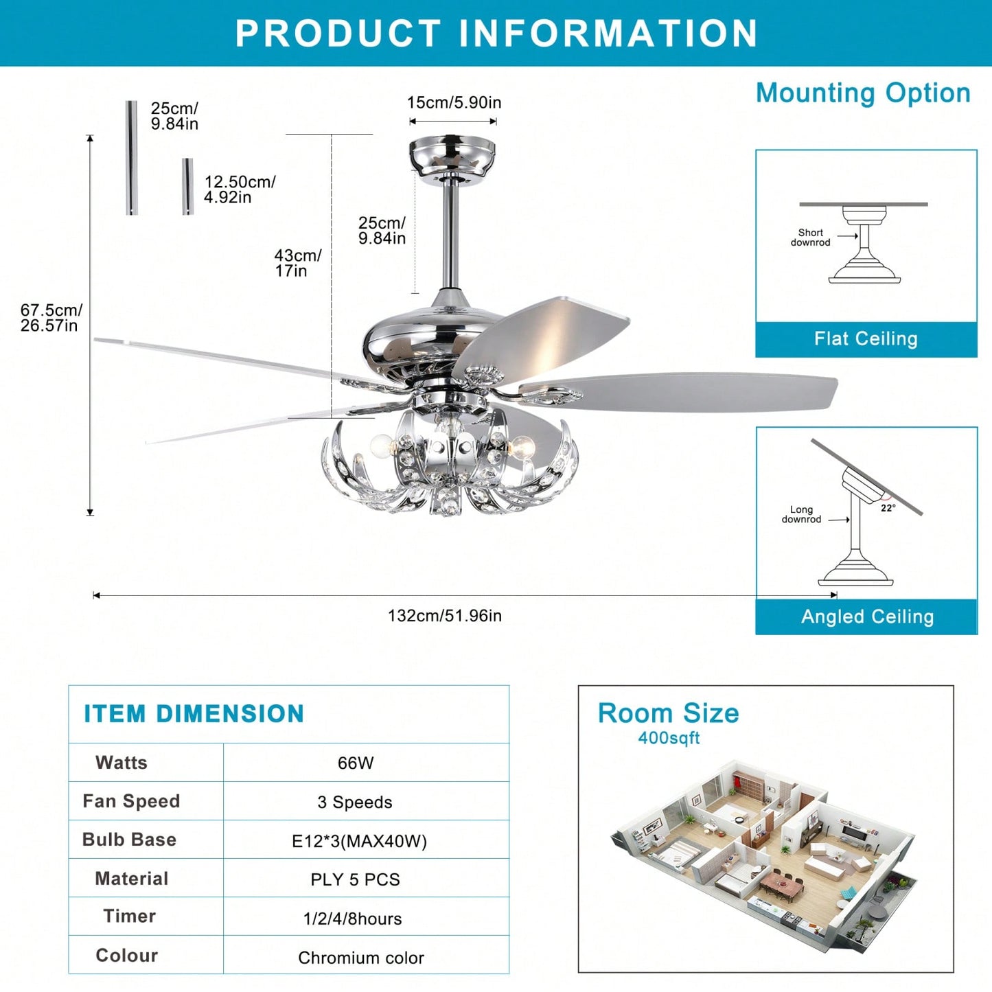 Elegant Crystal Ceiling Fan with Reversible Blades Remote Control 3-Speed Adjustable Light Kit for Living Room Bedroom Kitchen