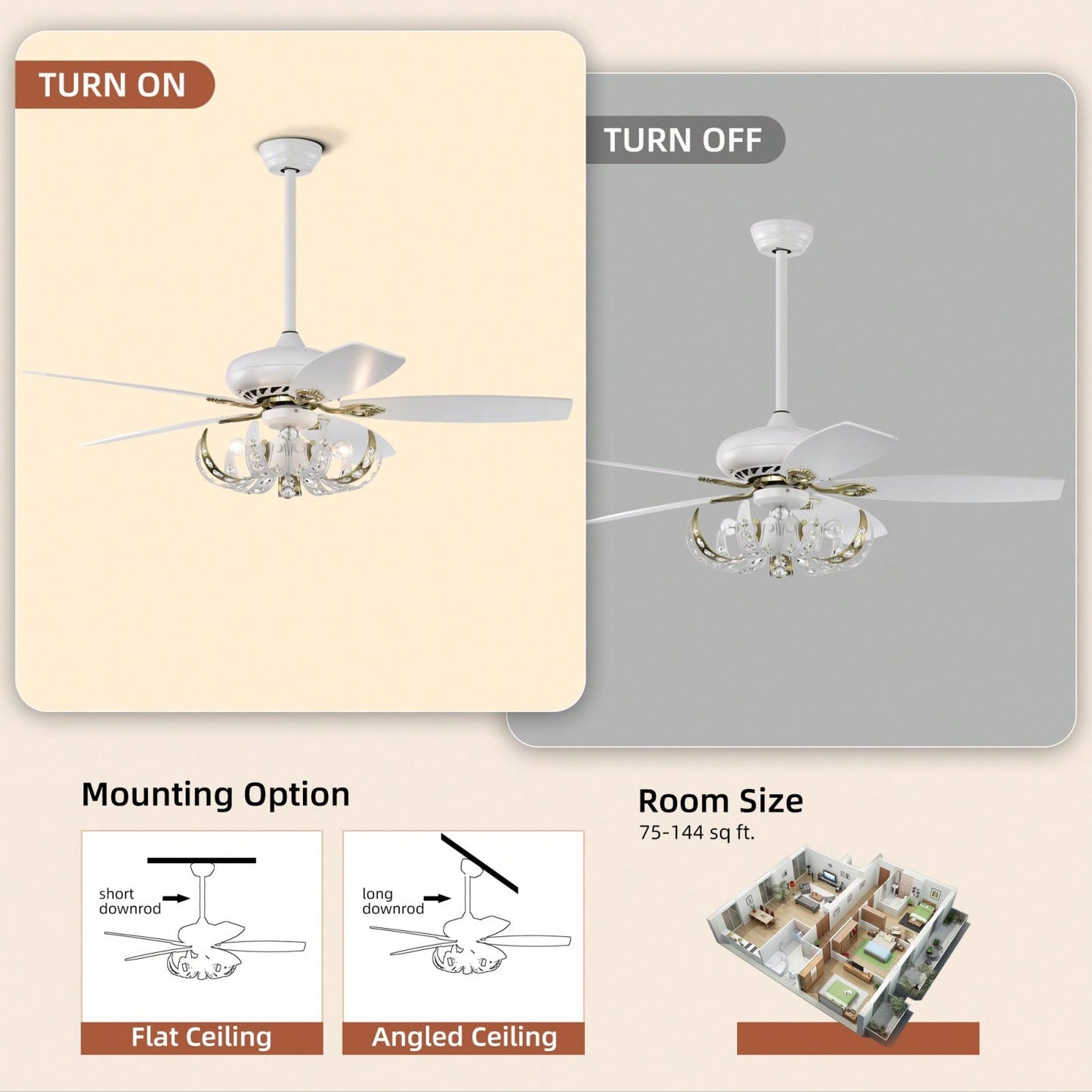 Elegant Crystal Ceiling Fan with Reversible Blades Remote Control 3-Speed Adjustable Light Kit for Living Room Bedroom Kitchen